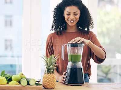 Buy stock photo Blender, smoothie and black woman with green diet, detox and healthy morning breakfast in kitchen with fruits. Vegetables, food and young person or nutritionist with nutrition drink for vegan protein