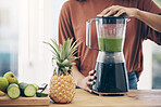 Blender, green smoothie and woman hands for diet, detox and healthy morning breakfast in kitchen with fruits. Vegetables, food and young person or nutritionist with nutrition drink for vegan protein