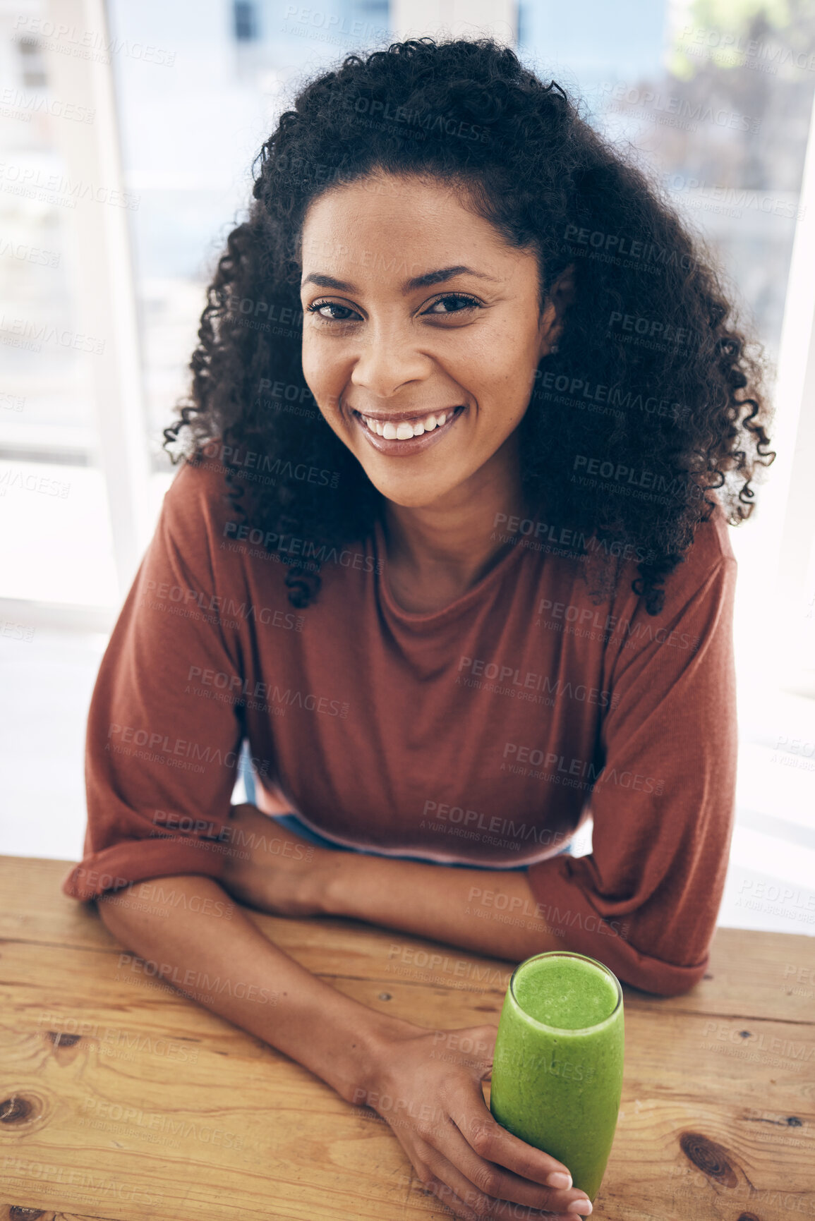 Buy stock photo Portrait, mock up and smoothie with a black woman drinking a health beverage for a weight loss from above. Wellness, mockup and drink with a healthy young female enjoying a fruit juice for a diet