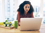 Relax, smoothie and health with black woman and laptop for blog research, salad and vegetables. Nutritionist, diet and food with girl by kitchen counter for cooking, technology and learning at home