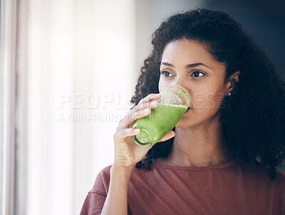 Buy stock photo Healthy, diet and woman drinking a smoothie for weight loss, energy and breakfast while thinking. Food, health and girl with a juice cocktail for nutrition idea, green detox and vegan lifestyle
