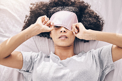 Buy stock photo Sleep, relax and black woman with eye mask waking up, dream and refresh body and mind in apartment or hotel. Dreaming, rest and relaxation, tired girl sleeping late on weekend morning in cozy bedroom