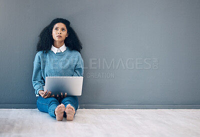 Buy stock photo Laptop, thinking and idea with black woman on floor for social media, news and research on wall mockup . Designer, online shopping and technology with girl for communication, internet and marketing