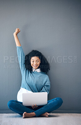 Buy stock photo Excited, success and woman reading on a laptop, email celebration and happy about a notification. Wow, wall and employee with a surprise on the web, promotion and announcement on a pc with mockup