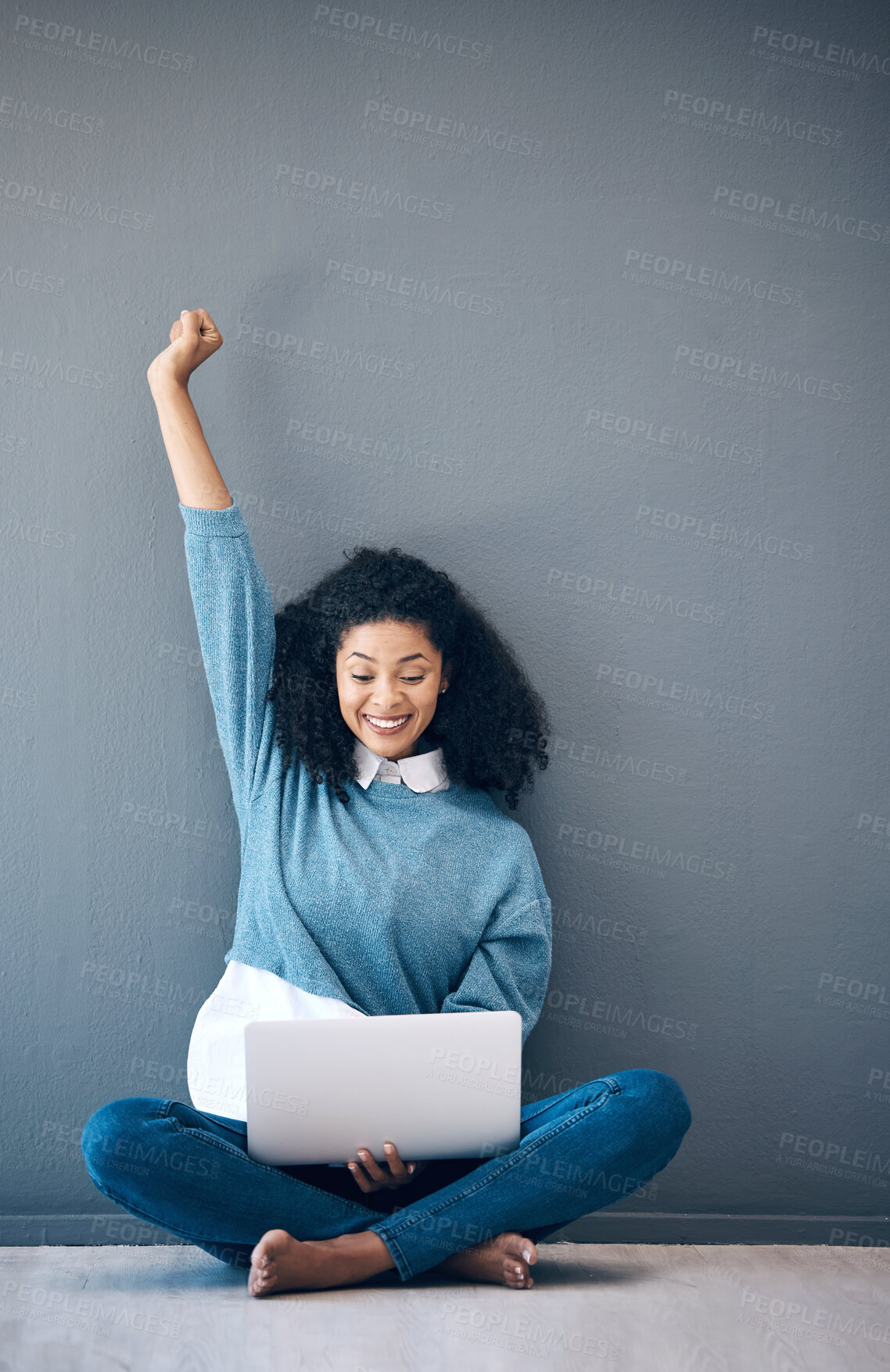 Buy stock photo Excited, success and woman reading on a laptop, email celebration and happy about a notification. Wow, wall and employee with a surprise on the web, promotion and announcement on a pc with mockup