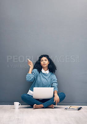 Buy stock photo Laptop, mockup and pointing with black woman on floor for social media, news and deal presentation. Offer, online shopping ad technology with girl customer for communication, internet and advertising