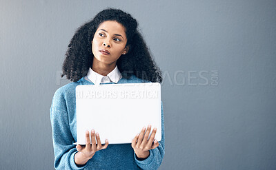 Buy stock photo Connection, ideas and woman holding a laptop for an email, internet and communication on office wall. Contact, proposal and business employee thinking of inspiration with a pc with mockup space