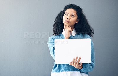 Buy stock photo Inspiration, ideas and woman holding a laptop for an email, internet and communication on office wall. Contact, black woman and business employee thinking of motivation with a pc and mockup space