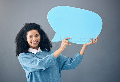 Buy stock photo Portrait, black woman and speech bubble in studio on news, mockup or advertising on grey background. Social media banner, poster or sign on product placement, isolated on blank billboard copy space