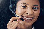 CRM, face or telecom black woman smile for success B2B deal, support or telemarketing in office. Happy, motivation or callcenter consultant portrait for contact us, customer service or sales network