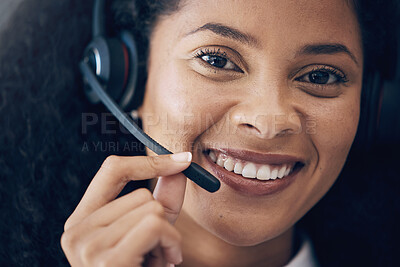 Buy stock photo CRM, face or telecom black woman smile for success B2B deal, support or telemarketing in office. Happy, microphone or callcenter consultant portrait for contact us, customer service or sales network