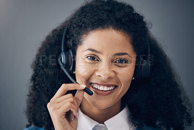 Buy stock photo CRM, consultant face or black woman smile for success B2B deal, support or telemarketing in studio background. Happy, customer service or callcenter portrait for contact us, telecom or sales network