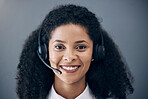 CRM, customer service face or black woman smile for success B2B deal, support or telemarketing in office. Happy, motivation or callcenter consultant portrait for contact us, telecom or sales network