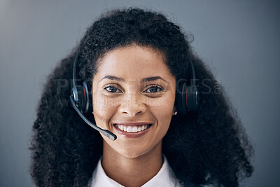 Buy stock photo CRM, customer service face or black woman smile for success B2B deal, support or telemarketing in studio background. Happy or callcenter consultant portrait for contact us, telecom or sales network