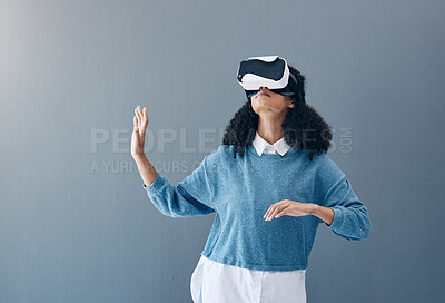 Buy stock photo Metaverse, virtual reality headset and woman with hands for mockup space and 3d game in studio. Gamer person vr tech glasses for digital world, futuristic gaming and ux experience on grey background