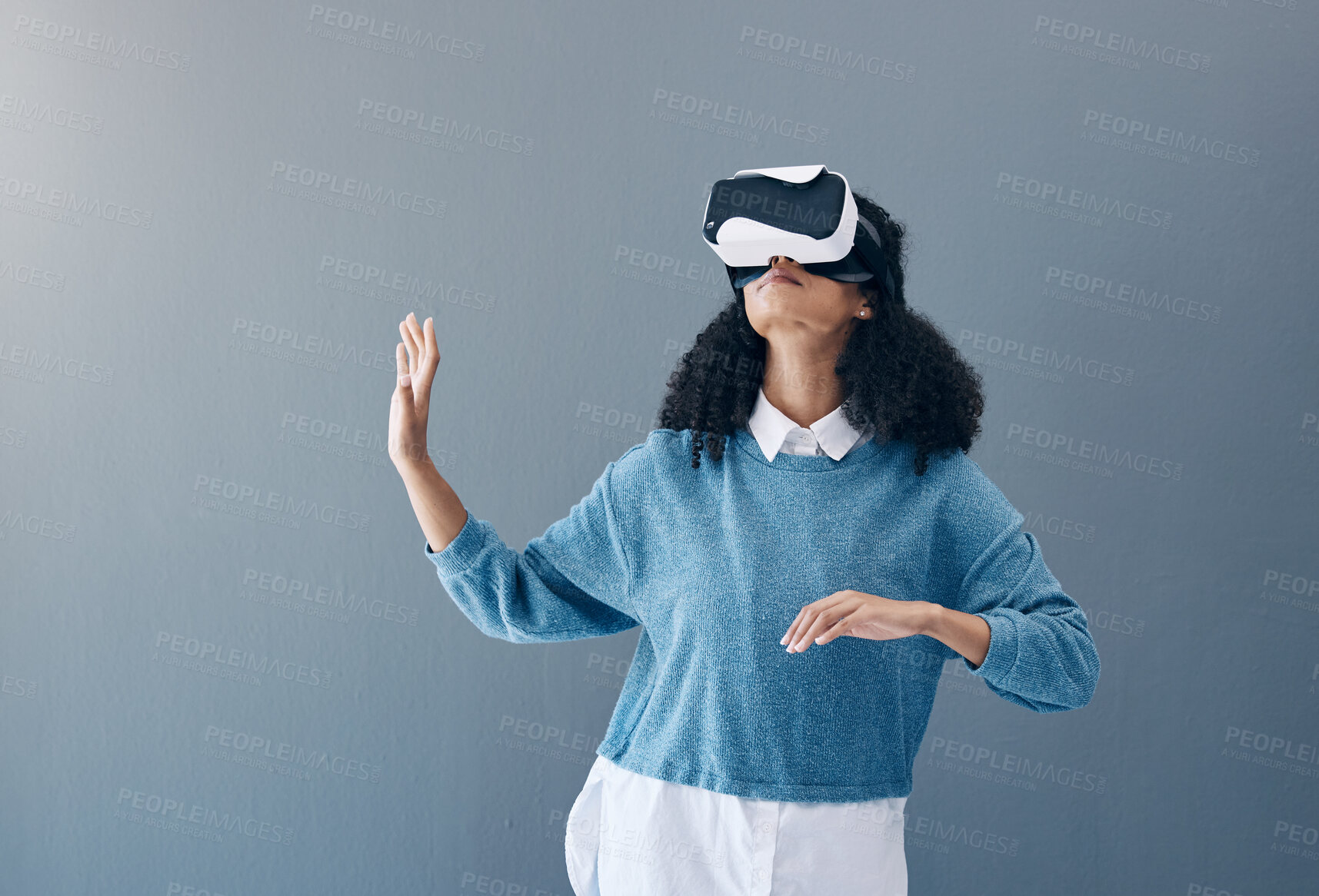 Buy stock photo Metaverse, virtual reality headset and woman with hands for mockup space and 3d game in studio. Gamer person vr tech glasses for digital world, futuristic gaming and ux experience on grey background