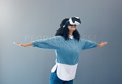 Buy stock photo Woman, virtual reality glasses and metaverse with mockup space and hands for 3d flying game in studio. Gamer person vr headset for digital experience, futuristic gaming and ar tech on grey background