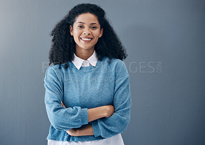 Buy stock photo Black woman, happy portrait and business smile with professional and confident leader mockup space. Face of Colombia entrepreneur person with arms crossed, pride and smile for vision grey background