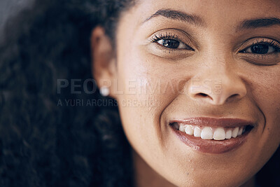 Buy stock photo Face, black woman and smile in portrait, success and positive mindset with vision and motivation in Kenya. Growth, development and beauty with confidence and happy African female with mockup space