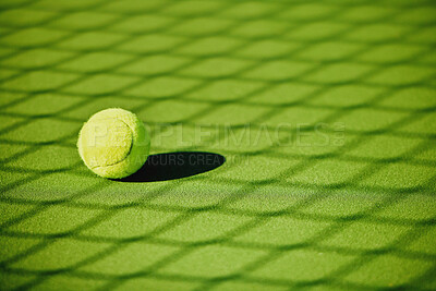 Tennis ball, court shadow and green texture of grass turf game with no people. Sports, empty sport training ground and lawn object zoom of shadow for workout, exercise and fitness for a match outdoor