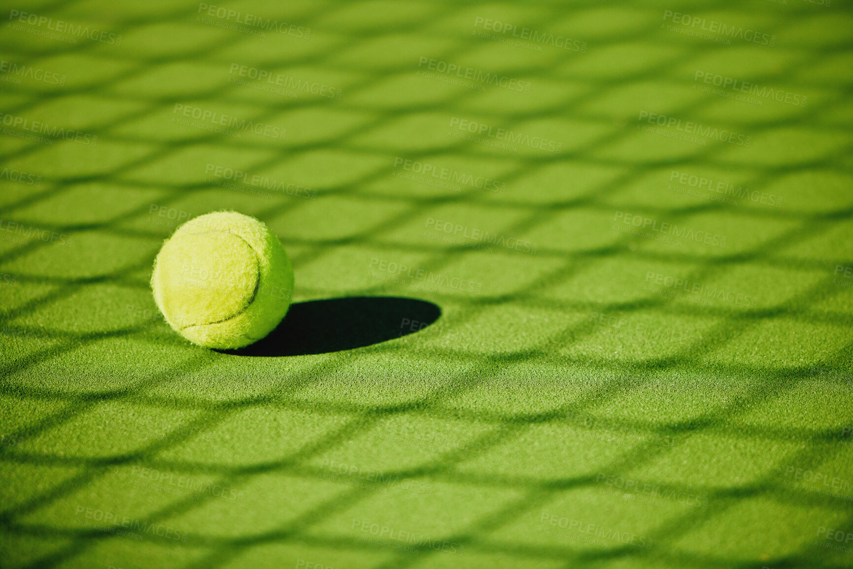 Buy stock photo Tennis ball, court shadow and green texture of grass turf game with no people. Sports, empty sport training ground and lawn object zoom of shadow for workout, exercise and fitness for a match outdoor