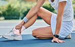 Tennis court, ankle pain and woman on sports ground for healthcare risk, foot or training problem. Competition, game and athlete with workout fail, mistake or accident massage muscle in red overlay