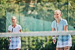 Tennis court, women and sports game outdoor for fitness, exercise and training for competition. Happy people at club for team game, workout and performance for health and wellness with summer cardio