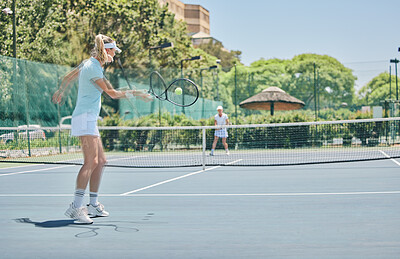 Tennis court, sports match and women outdoor for fitness, exercise and training for competition. Athlete person hit ball at club for game performance for health and wellness with summer cardio action