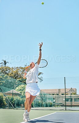 Buy stock photo Tennis serve, sports and woman on outdoor court, fitness motivation and competition with athlete training for game. Workout, healthy and player on court, active with sport and exercise with action