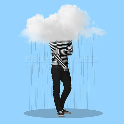 Buy stock photo Man, cloud and rain for depression art, mental health or sad by blue background with shadow on silhouette. Young gen z guy, punk aesthetic and depressed with clouds overlay, frustrated and anxiety