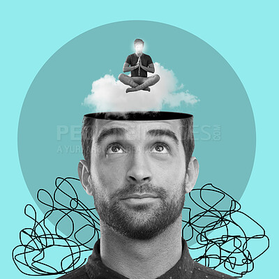 Buy stock photo Thinking graphic, mind and man with psychology, mental health and balance of ideas, healing and meditation. Insight, art collage and creative person isolated on studio background of ideas or meditate