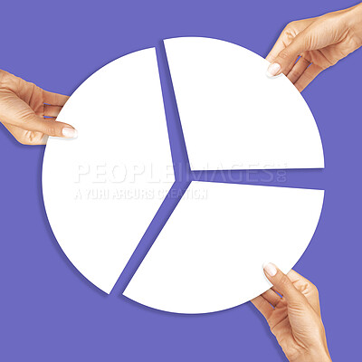 Buy stock photo Hand, collaboration and concept in studio for partnership, growth or business integration on purple background. People, hands and teamwork, participation and abstract advertising, support or help