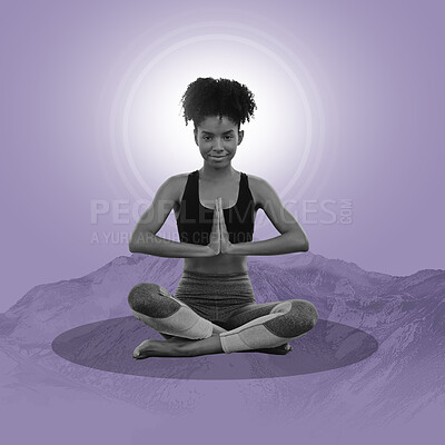 Buy stock photo Zen, meditation and black woman on poster, mountain on purple background and lotus pose in balance. Art, yoga advertising and creative collage design for wellness, calm and spiritual lifestyle studio