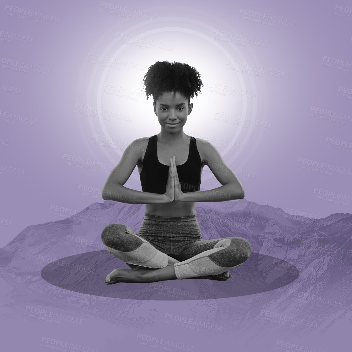 Buy stock photo Zen, meditation and black woman on poster, mountain on purple background and lotus pose in balance. Art, yoga advertising and creative collage design for wellness, calm and spiritual lifestyle studio