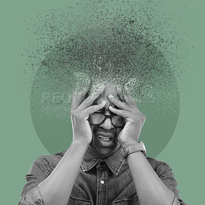 Buy stock photo Art, mental health and man illustration in studio for depression, anxiety and stress on green background space. Mind, sketch and art deco of male with bipolar, crisis or abstract, soul or psychedelic