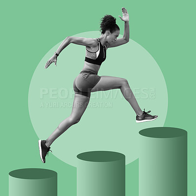 Buy stock photo Digital, running and woman with steps for fitness, exercise growth and progress on a background. Energy, training and athlete runner with power for a sports race, jumping and practice cardio