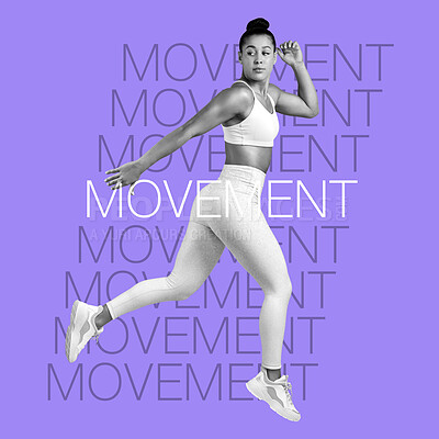 Buy stock photo Woman, dance and freedom, words and motivation overlay, fitness and dancer jump on inspirational poster on purple background. Energy, free and dancing, sports and action with workout and text