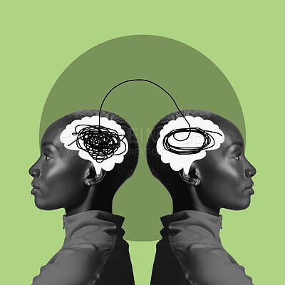 Buy stock photo Digital art, thinking brain and face of black woman on green background for ideas, strategy and connection. Creative mind, psychology and girl reflection for intelligence, brainstorming and knowledge