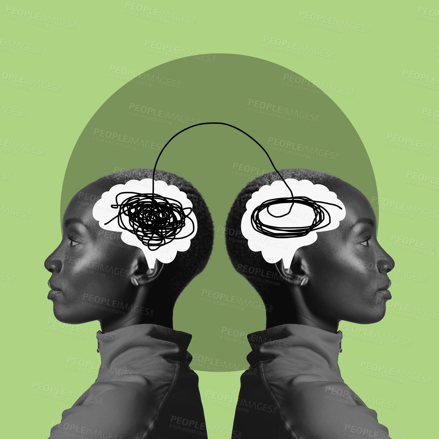 Buy stock photo Digital art, thinking brain and face of black woman on green background for ideas, strategy and connection. Creative mind, psychology and girl reflection for intelligence, brainstorming and knowledge