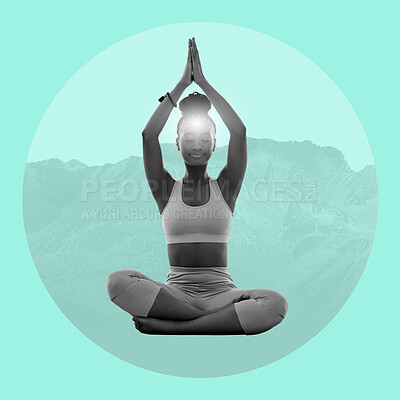 Buy stock photo Zen, meditation and black woman on poster, mountain on turquoise background in yoga balance pose. Art, advertising and creative collage design for health, wellness and calm spiritual lifestyle studio