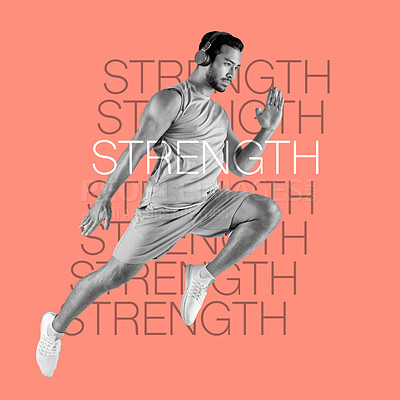 Buy stock photo Fitness graphic, running and man isolated on studio background in headphones music for cardio training. Jump, speed and body of sports person, asian athlete and creative collage, power and strength