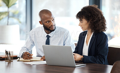Buy stock photo Executive planning, black people and meeting with laptop, collaboration and strategy review in office. Financial advisor, investment management and corporate teamwork for feedback of business ideas 