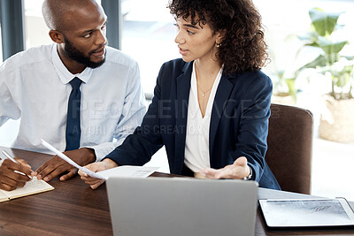 Buy stock photo Discussion, business and black people with paperwork for accounting budget, planning and company portfolio review. Teamwork, financial advisor and analysis of contract, investment or legal consulting