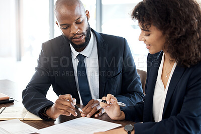 Buy stock photo Business, black man and advisor consulting with paperwork, review report or portfolio documents. Teamwork, consultant and meeting for executive analysis, planning legal feedback or consultation notes