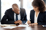 Teamwork, business and black people reading contract for accounting strategy, planning or company portfolio review. Collaboration, financial advisor and report notes of paper, legal consulting or job