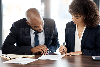 Buy stock photo Teamwork, business and black people reading contract for accounting strategy, planning or company portfolio review. Collaboration, financial advisor and report notes of paper, legal consulting or job