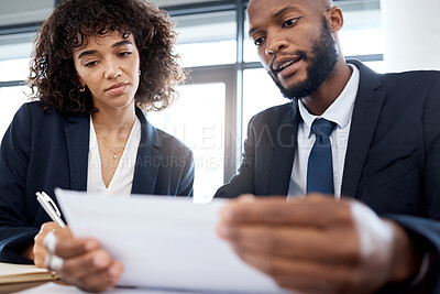 Buy stock photo Documents, finance and business black people or clients accounting strategy, planning and company budget review. Teamwork, analysis of financial advisor or employee talking to partner of investment