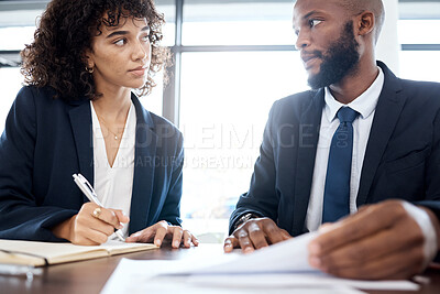 Buy stock photo Paperwork, planning and meeting black people or clients b2b strategy, finance and taxes with budget review. Writing, financial advisor or coworking employee with partner for investment at USA company