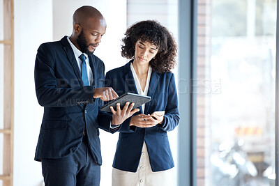 Buy stock photo Black people, tablet and checking data, schedule or digital marketing in corporate networking at the office. Employee man and woman with touchscreen in planning for business idea or market strategy