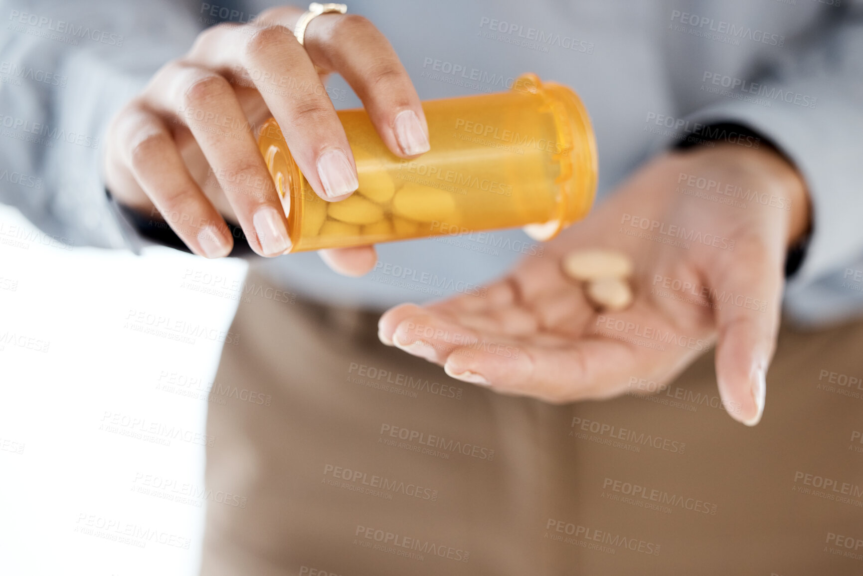 Buy stock photo Closeup, hands and pills for depression, stress and medication for cure, diagnosis and treatment. Zoom, female patient and lady with orange container, medicine or prescription for illness or sickness